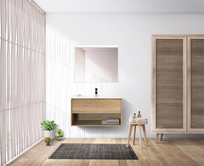 Тумба c раковиной подвесная с одним ящиком и одной открытой полкой BelBagno KRAFT 90 Rovere Nebrasca Nature, раковина белая KRAFT-900-1C-SO-RNN;BB900ETL