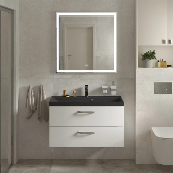 Тумба с раковиной подвесная BelBagno AURORA 90 Bianco Lucido, раковина чёрная AURORA-900-2C-SO-BL;BB900/450-LV-ART-AST-NERO