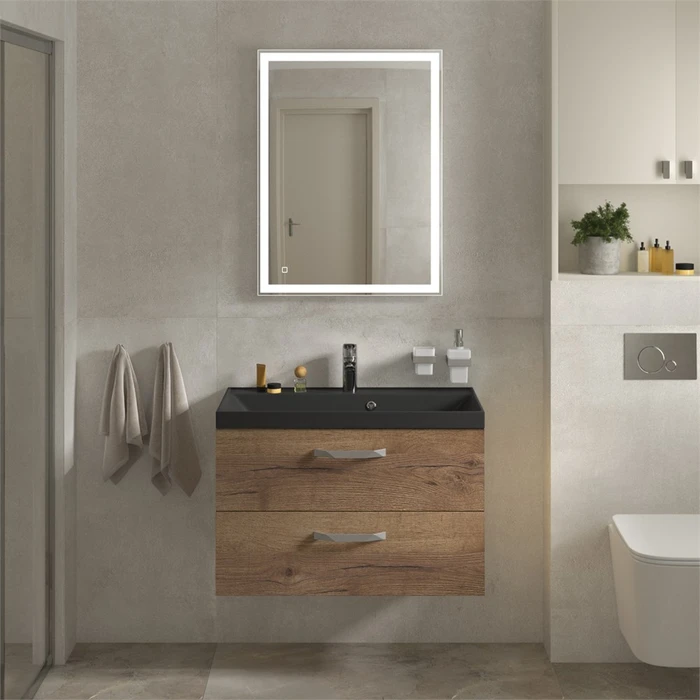 Тумба с раковиной подвесная BelBagno AURORA 80 Rovere Tabacco, раковина чёрная AURORA-800-2C-SO-RT;BB800/450-LV-ART-AST-NERO