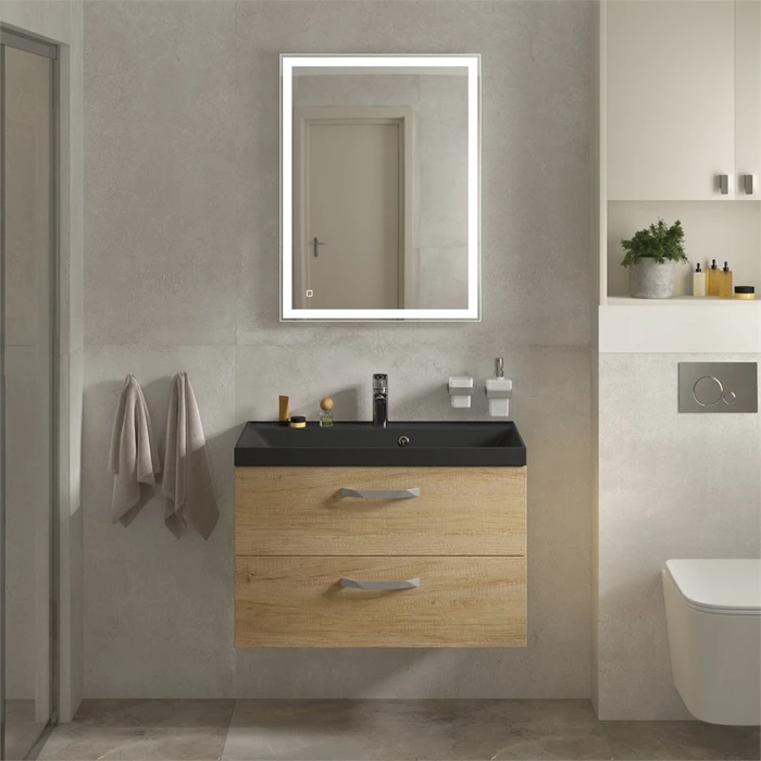 Тумба с раковиной подвесная BelBagno AURORA 80 Rovere Nebrasca Nature, раковина чёрная AURORA-800-2C-SO-RNN;BB800/450-LV-ART-AST-NERO