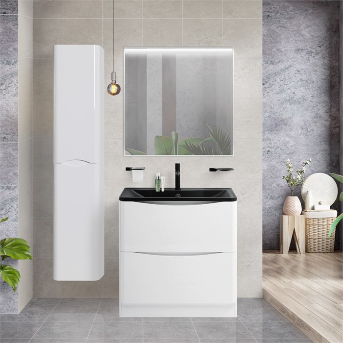 Тумба с раковиной напольная BelBagno ACQUA 80 Bianco Lucido, раковина чёрная ACQUA-800-2C-PIA-BL;BB800/455-LV-ART-ALR-NERO