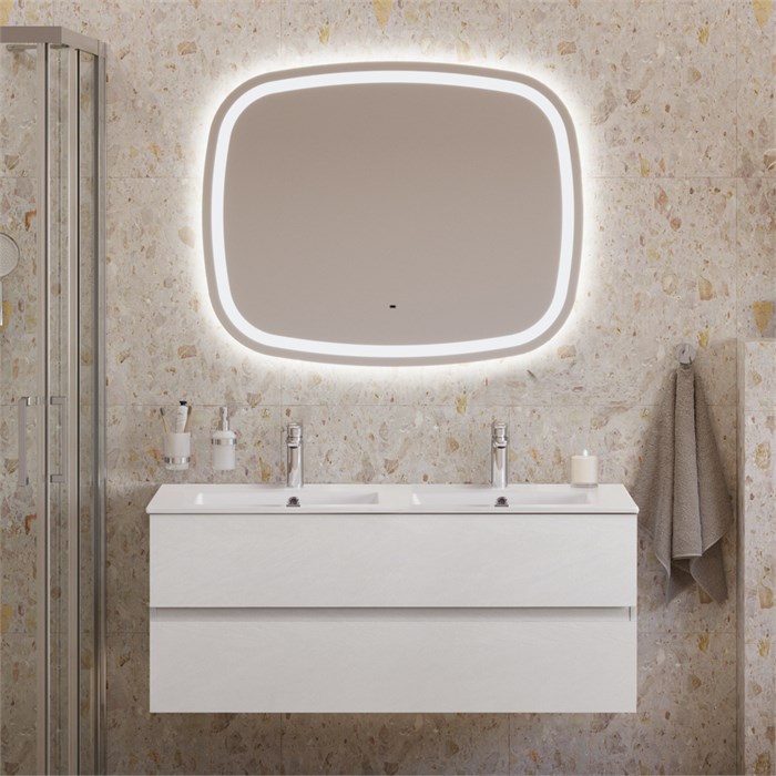 Тумба с раковиной на две чаши подвесная CEZARES MOLVENO 46 120 Bianco Ghiaccio, раковина белая CZR-8070-120-2 MOLVENO 46-120-2C-SO-2-BG;CZR-8070-120-2