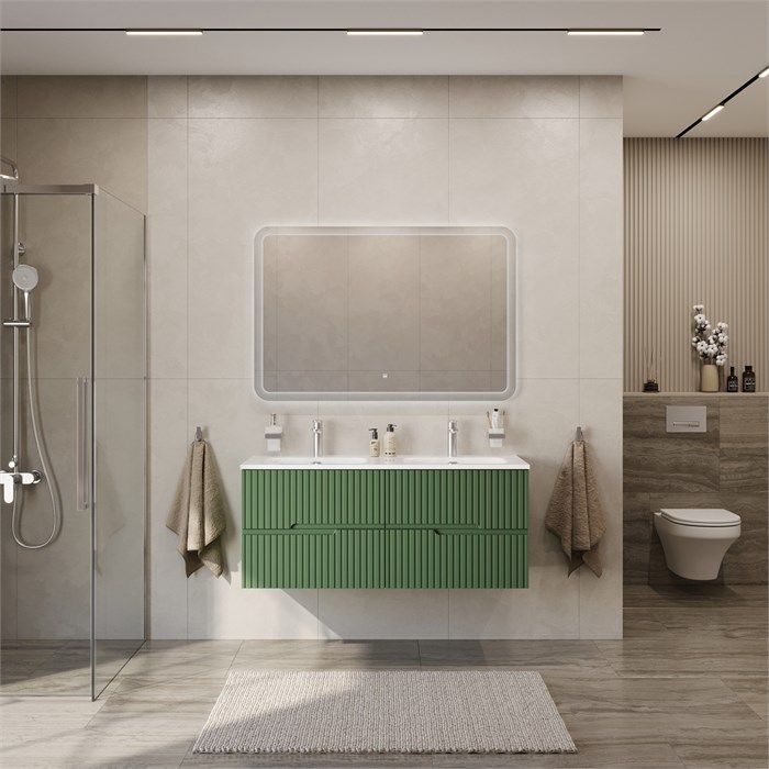 Тумба с раковиной подвесная с четырьмя ящиками CEZARES DUET-N 120 Фисташковый Софт, раковина белая с двумя чашами CZR-8073-120-2 DUET-N-1200-4C-SO-2-PS-P;CZR-8073-120-2