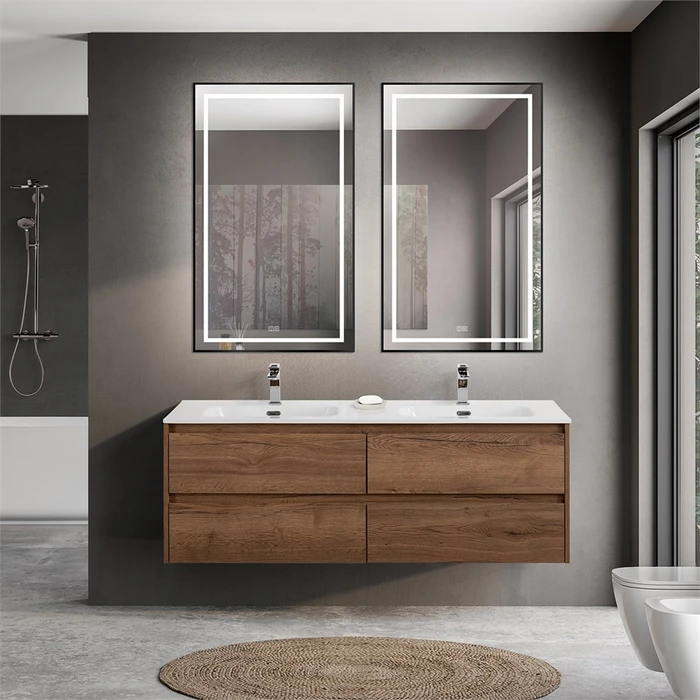 Тумба с четырьмя ящиками и раковиной на две чаши подвесная BelBagno KRAFT 140 Rovere Tabacco , раковина белая KRAFT-1400-4C-SO-2-RT;BB1400-2-ETL