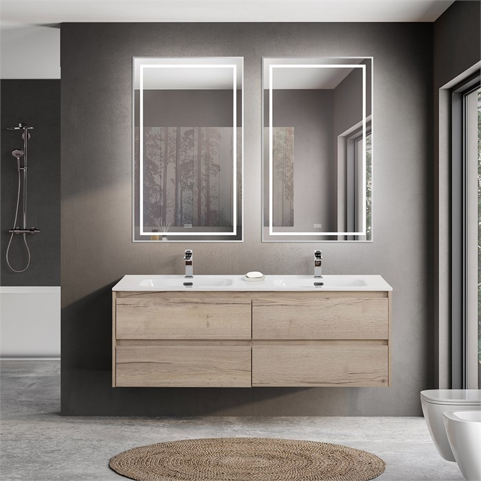 Тумба с четырьмя ящиками и раковиной на две чаши подвесная BelBagno KRAFT 140 Rovere Galifax Bianco , раковина белая KRAFT-1400-4C-SO-2-RGB;BB1400-2-ETL