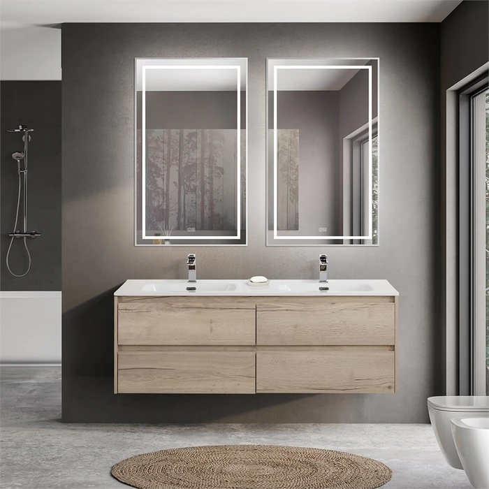 Тумба с четырьмя ящиками и раковиной на две чаши подвесная BelBagno KRAFT 140 Rovere Galifax Bianco , раковина белая KRAFT-1400-4C-SO-2-RGB;BB1400-2-ETL