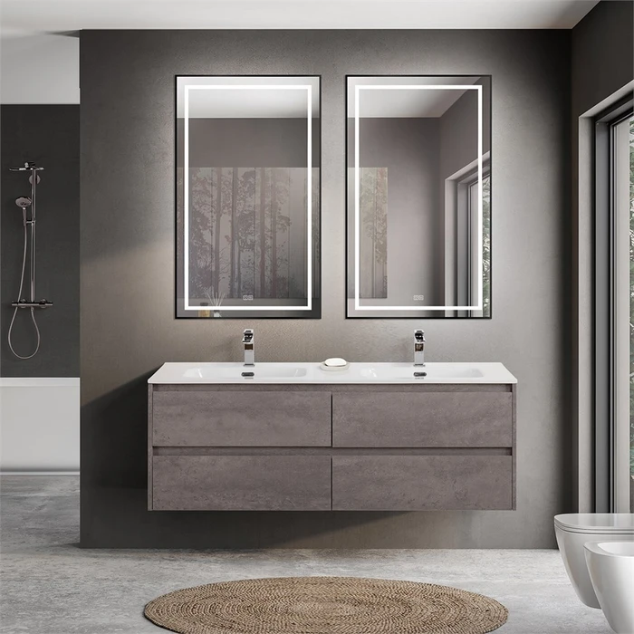 Тумба с четырьмя ящиками и раковиной на две чаши подвесная BelBagno KRAFT 140 Cemento Grigio , раковина белая KRAFT-1400-4C-SO-2-CG;BB1400-2-ETL