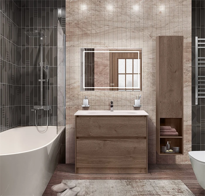Тумба со стеклянной глянцевой раковиной напольная BelBagno KRAFT 100 Rovere Tabacco, раковина белая KRAFT-1000-2C-PIA-RT;BB1010/465-LV-VTR-BL