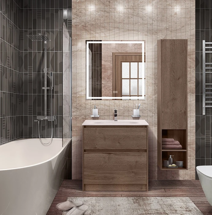 Тумба со стеклянной глянцевой раковиной напольная BelBagno KRAFT 80 Rovere Tabacco, раковина белая KRAFT-800-2C-PIA-RT;BB810/465-LV-VTR-BL