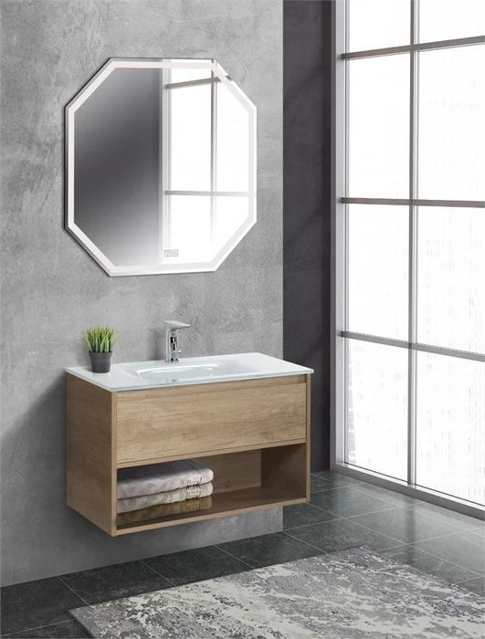 Тумба cо стеклянной раковиной подвесная с одним ящиком и одной открытой полкой BelBagno KRAFT 80 Rovere Nebrasca Nature, раковина белая KRAFT-800-1C-SO-RNN
