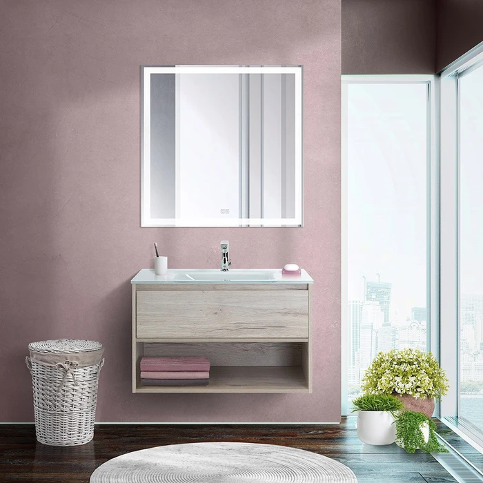 Тумба cо стеклянной раковиной подвесная с одним ящиком и одной открытой полкой BelBagno KRAFT 80 Rovere Galifax Bianco, раковина белая KRAFT-800-1C-SO-RGB