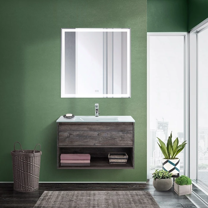 Тумба cо стеклянной раковиной подвесная с одним ящиком и одной открытой полкой BelBagno KRAFT 80 Pino Pasadena, раковина белая KRAFT-800-1C-SO-PP