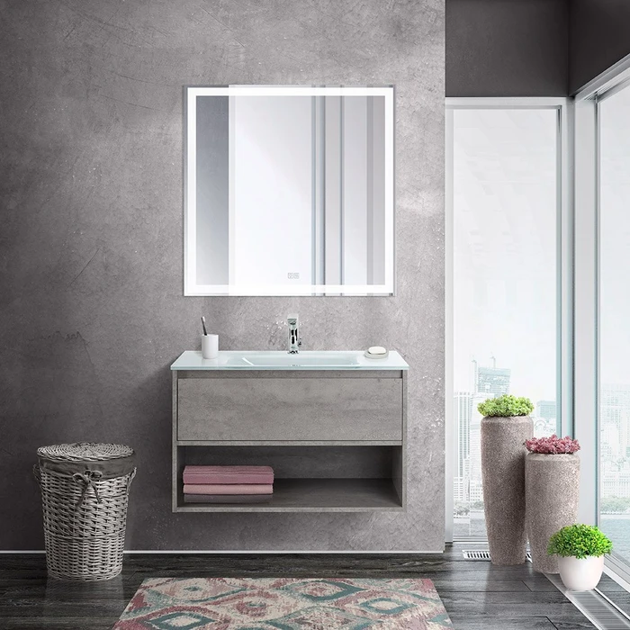Тумба cо стеклянной раковиной подвесная с одним ящиком и одной открытой полкой BelBagno KRAFT 80 Cemento Grigio, раковина белая KRAFT-800-1C-SO-CG