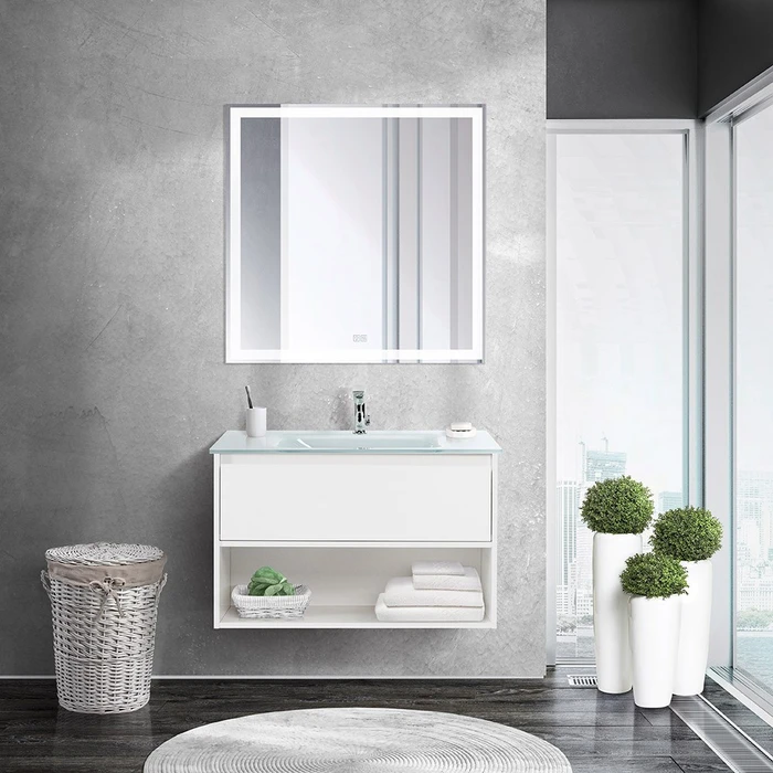 Тумба cо стеклянной раковиной подвесная с одним ящиком и одной открытой полкой BelBagno KRAFT 80 Bianco Opaco, раковина белая KRAFT-800-1C-SO-BO