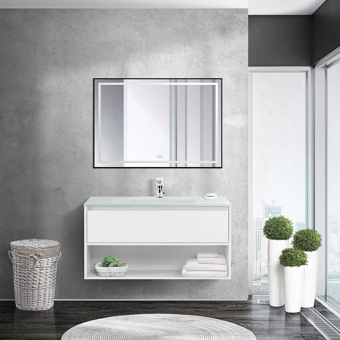 Тумба cо стеклянной раковиной подвесная с одним ящиком и одной открытой полкой BelBagno KRAFT 100 Bianco Opaco, раковина белая KRAFT-1000-1C-SO-BO