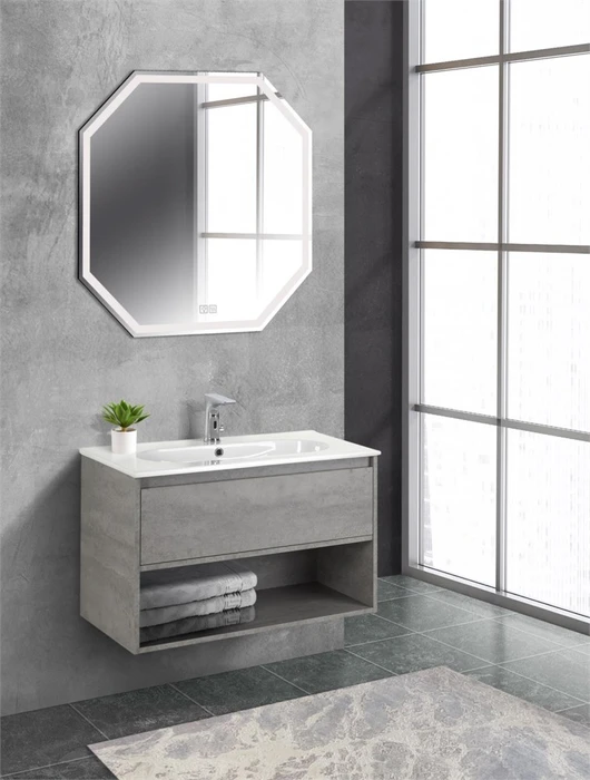 Тумба c раковиной подвесная с одним ящиком и одной открытой полкой BelBagno KRAFT 80 Cemento Grigio, раковина белая KRAFT-800-1C-SO-CG;BB800ETL