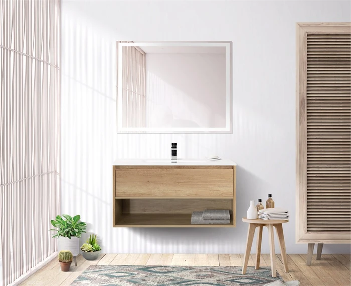 Тумба c раковиной подвесная с одним ящиком и одной открытой полкой BelBagno KRAFT 100 Rovere Nebrasca Nature, раковина белая KRAFT-1000-1C-SO-RNN;BB1000ETL