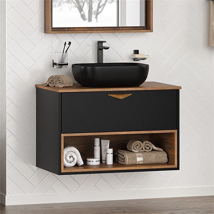 BERGEN - 80 Тумба подвесная 1 ящ. (ДСП (Дуб Гал/черн мат.эмаль) + раковина УТ000016099