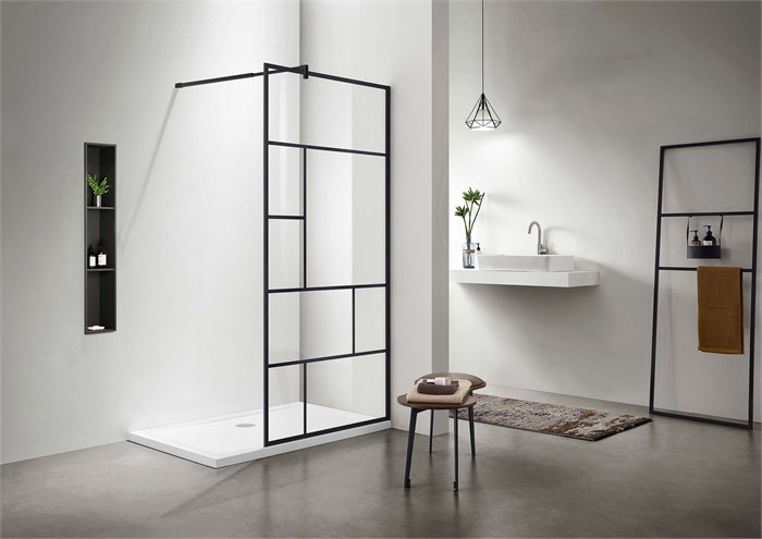 Душевая перегородка Walk in с держателем 200х100, профиль черный матовый, стекло прозрачное с черным принтом AQ WIW Print 10020BL