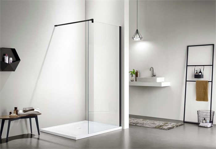 Душевая перегородка Walk in с держателем 200х100, профиль черный матовый, стекло прозрачное AQ WIW 10020BL