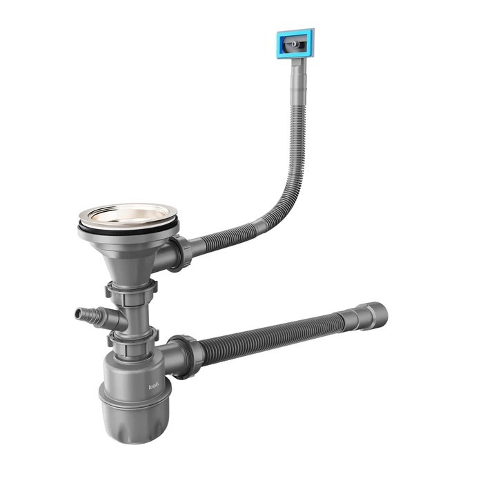 Сифон бутылочный IDDIS Optima Home 3.1/2x40мм, с выпуском, гофротрубой, отводом и переливом (900CVG1P10VD) 900CVG1P10VD