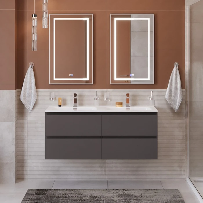 Тумба с четырьмя ящиками и раковиной на две чаши подвесная BelBagno KRAFT 120 Темно-Серый Матовый, раковина BB1200-2-ETL 01463712539
