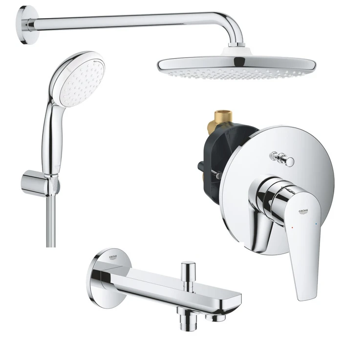 Набор GROHE Tempesta: верх душ 250 с душ кроншт 380 мм (26668000), смесит BauEdge (29079001), набор с руч душем, излив для ванны 170 мм, хром 1000190