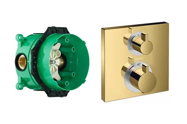15714990S Set HG Ecostat Square термостатический смеситель для душа (15714990+01800180), полир.золото 15714990S