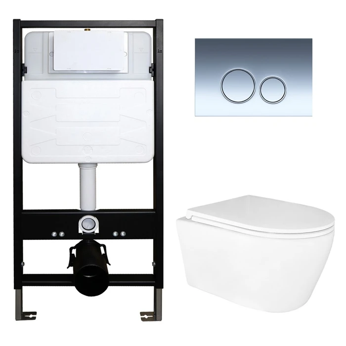 Сет: Инсталляция для подвесного унитаза AZARIO FORTE + подвесной унитаз Azario UNO, безободковый + Кнопка смыва AZARIO FORTE, хром глянцевый (AZ-100-100F+AZ-2380+AZ-100-030F) AZ-100-100F+AZ-2380+AZ-100-030F