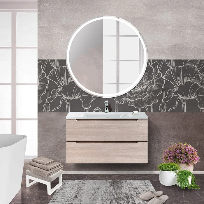 Тумба со стеклянной раковиной подвесная BelBagno ЭТНА (ETNA) 90 Rovere Grigio, раковина белая ETNA-900-2C-SO-RG-P;BB910/465-LV-VTR-BL