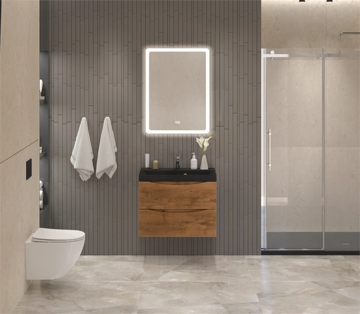 Тумба с раковиной подвесная BelBagno МАРИНА (MARINO) 60 Rovere Nature, раковина чёрная BB600/450-LV-ART-AST-NERO MARINO-600-2C-SO-RN-P;BB600/450-LV-ART-AST-NERO