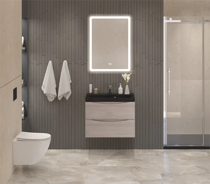 Тумба с раковиной подвесная BelBagno МАРИНА (MARINO) 60 Rovere Grigio, раковина чёрная BB600/450-LV-ART-AST-NERO MARINO-600-2C-SO-RG-P;BB600/450-LV-ART-AST-NERO