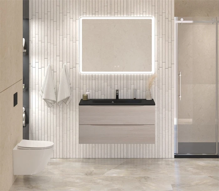 Тумба с раковиной подвесная BelBagno МАРИНА (MARINO) 100 Rovere Grigio, раковина чёрная BB1000/445-LV-ART-PR-NERO MARINO-1000-2C-SO-RG-P;BB1000/445-LV-ART-PR-NERO