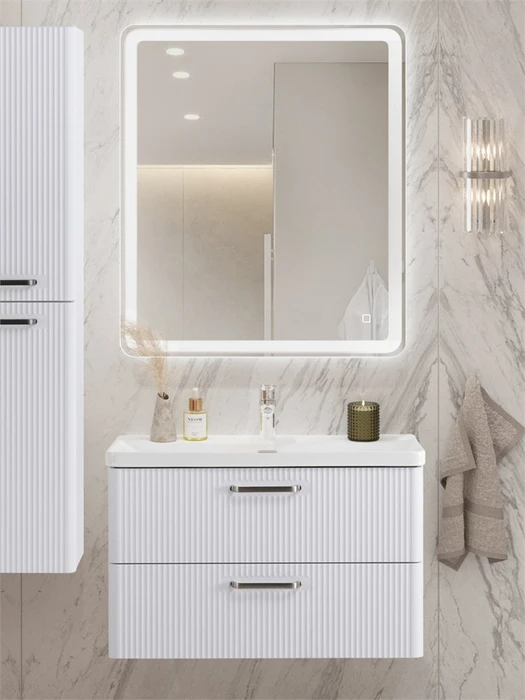 Тумба с раковиной подвесная BelBagno ТЕХНО (DUE) 80 Bianco Lucido, ручки - Матовый атласный никель DUE-800-2C-SO-BL-P;BB-8076-3-80;RS333MBSN.4/160