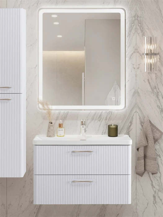 Тумба с раковиной подвесная BelBagno ТЕХНО (DUE) 80 Bianco Lucido, ручки - Сатиновый никель DUE-800-2C-SO-BL-P;BB-8076-3-80;RS006SN.4/160