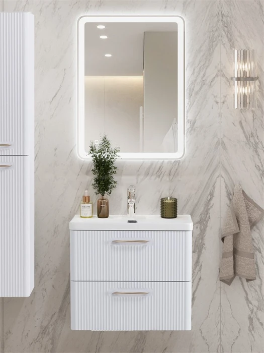 Тумба с раковиной подвесная BelBagno ТЕХНО (DUE) 60 Bianco Lucido, ручки - Сатиновый никель DUE-600-2C-SO-BL-P;BB-8076-3-60;RS006SN.4/160