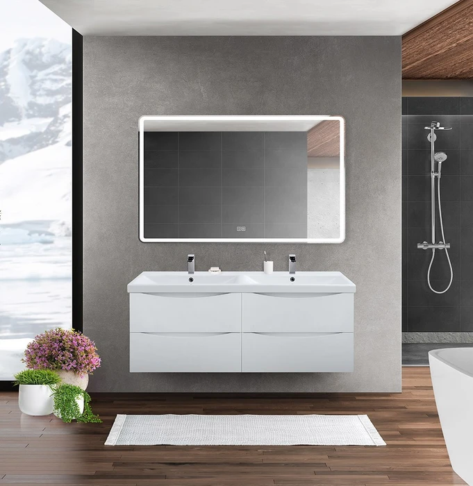 Тумба с раковиной на две чаши четырьмя ящиками подвесная BelBagno МАРИНА (MARINO) 120 Bianco Lucido , раковина белая MARINO-CER-1200-4C-SO-2-BL-P