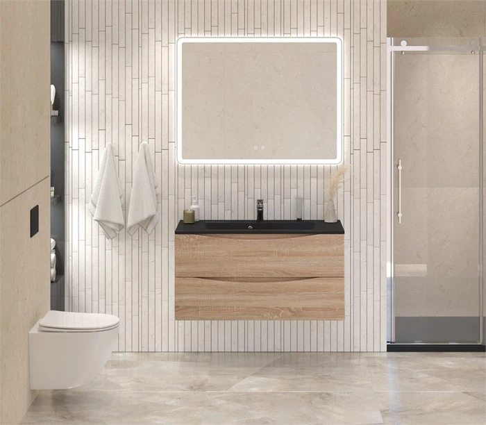 Тумба с раковиной подвесная BelBagno МАРИНА (MARINO) 100 Rovere Bianco, раковина чёрная BB1000/445-LV-ART-PR-NERO MARINO-1000-2C-SO-WO-P;BB1000/445-LV-ART-PR-NERO