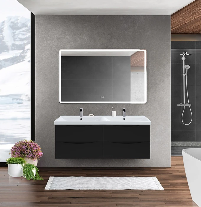 Тумба с раковиной на две чаши четырьмя ящиками подвесная BelBagno МАРИНА (MARINO) 120 Nero Lucido, раковина белая MARINO-CER-1200-4C-SO-2-NL-P