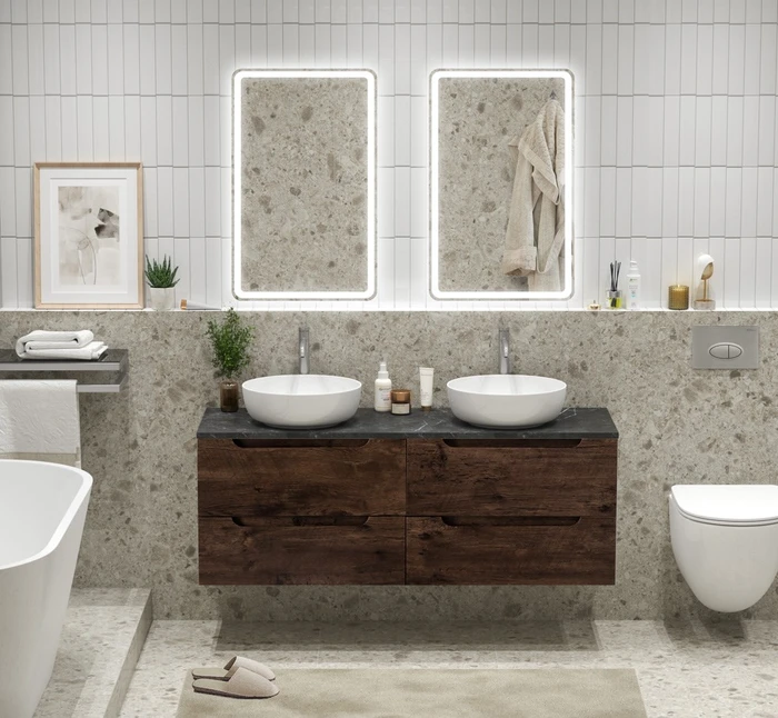 Тумба с четырьмя ящиками и столешницей подвесная BelBagno ЭТНА (ETNA) 140 Rovere Moro ETNA-1400-4C-SO-2-RW;KEP-140-2-MNO