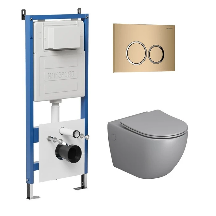 Комплект 3 в 1: Grossman инсталляция 900.K31.01.000+клавиша 700.K31.01.310.310 золото матовый+унитаз GR-4414S, 3 места 97.4414S.01.310