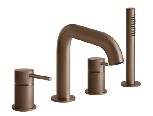 Gessi Bath-Shower 316 смеситель для ванны на 4 отверстия, переключатель, излив, выдвижной ручной душ, шланг 1500 мм, цвет Copper Brushed PVD 54037.708