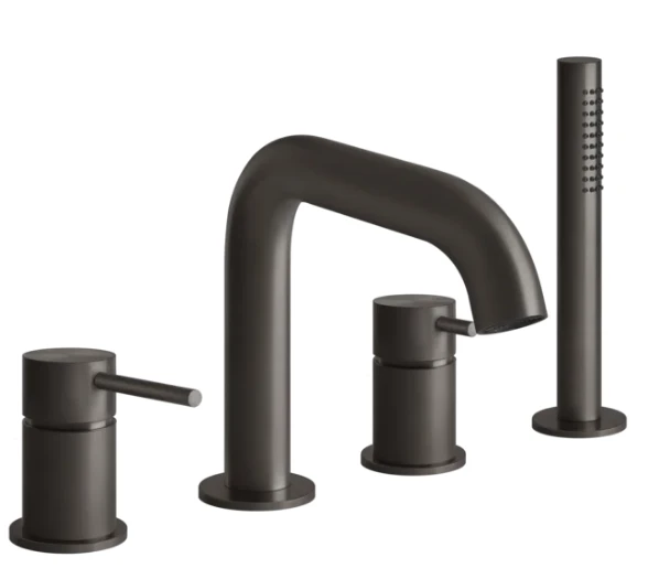 Gessi Bath-Shower 316 смеситель для ванны на 4 отверстия, переключатель, излив, выдвижной ручной душ, шланг 1500 мм, цвет Black Metal Brushed PVD 54037.707