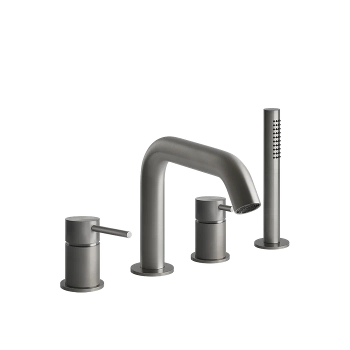 Gessi Bath-Shower 316 смеситель для ванны на 4 отверстия, переключатель, излив, выдвижной ручной душ, шланг 1500 мм, цвет Steel Brushed 54037.239