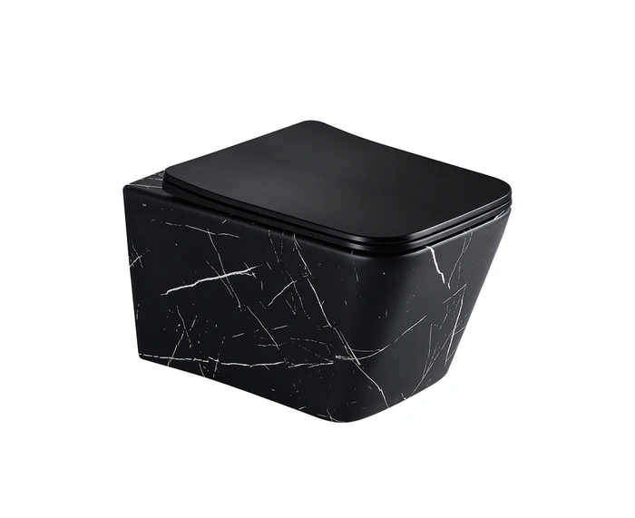 EG633Black-W Подвесной унитаз EvaGold мрамор черно-белый, безободковый, сид. черн. мат. тонкое ДП EG070030