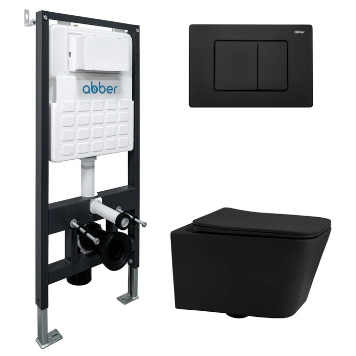 Комплект подвесной унитаз ABBER Rechteck AC1201MB черный матовый с инсталляцией AC0105 и кнопкой AC0120MB черный матовый AC1201MB-AC0105-AC0120MB