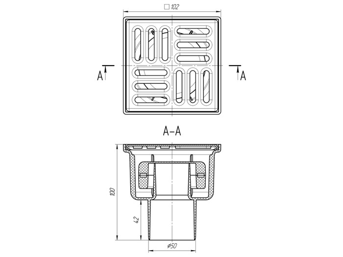Трап верт. вып. 50, с реш. из  нерж. стали 10x10  сухой, ANI PLAST TQ5202 - фото 78998