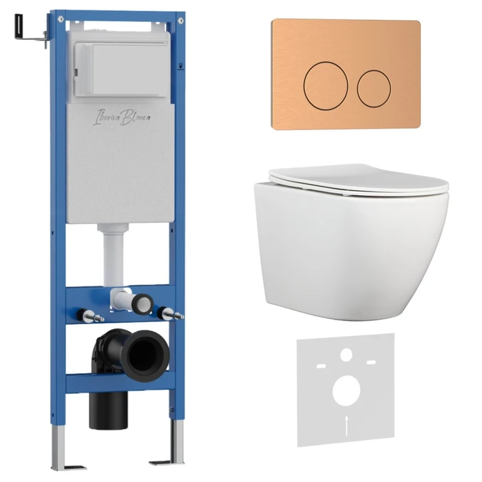 Комплект 3в1 IBERICA BLANCA инсталляция SILENCIO MINI, унитаз BILBAO ALTO белый, кнопка смыва INOX-О розовое золото матовое (IB.001M.BLA.234.8172) IB.001M.BLA.234.8172