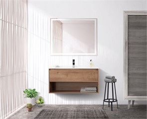 {{photo.Alt || photo.Description || 'Тумба c раковиной подвесная с одним ящиком и одной открытой полкой BelBagno KRAFT 100 Rovere Tabacco, раковина белая'}}