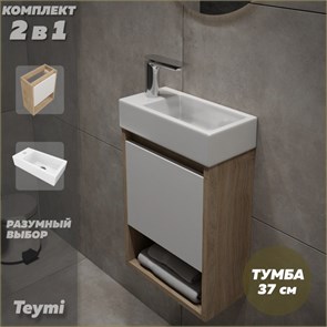 {{photo.Alt || photo.Description || 'Тумба подвесная с раковиной для ванной 37 см Teymi Nura корпус дуб фасад белый раковина Hanna 37  левая F15025'}}